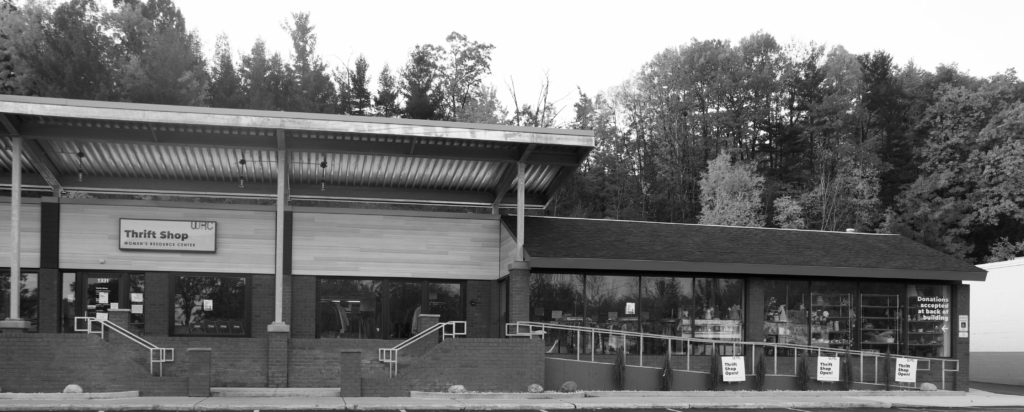 Black and white exterior photo of the new Women's Resource Center Thrift Shop.